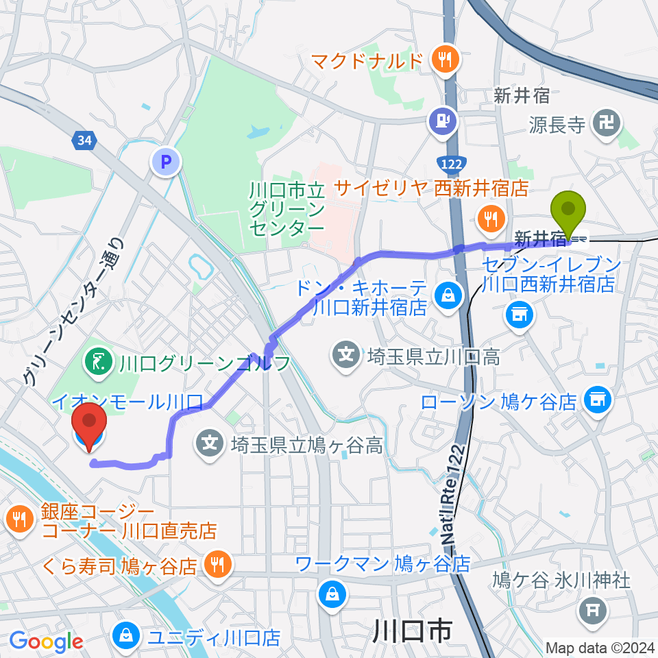 新井宿駅からイオンシネマ川口へのルートマップ地図