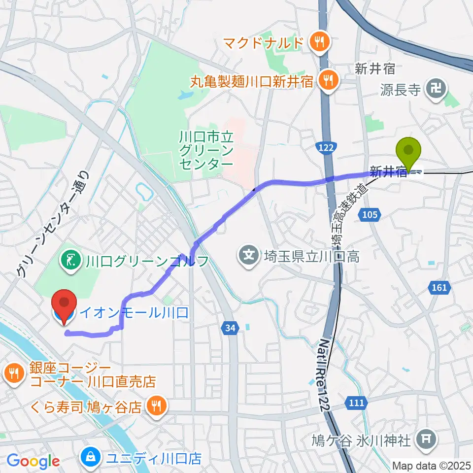 新井宿駅からイオンシネマ川口へのルートマップ地図