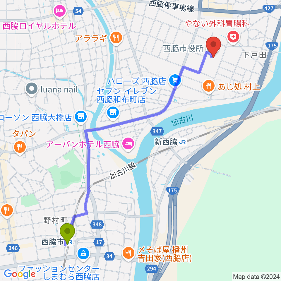 西脇市駅から西脇市市民交流施設オリナスへのルートマップ地図