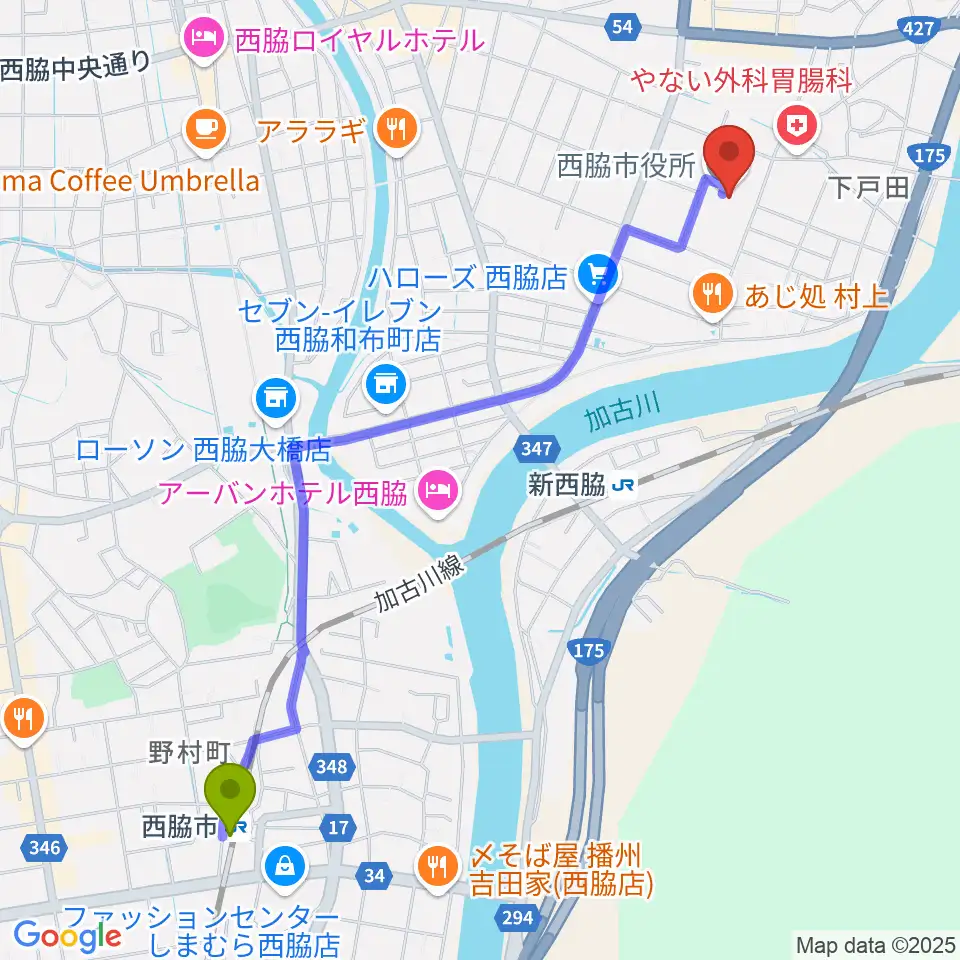 西脇市駅から西脇市市民交流施設オリナスへのルートマップ地図