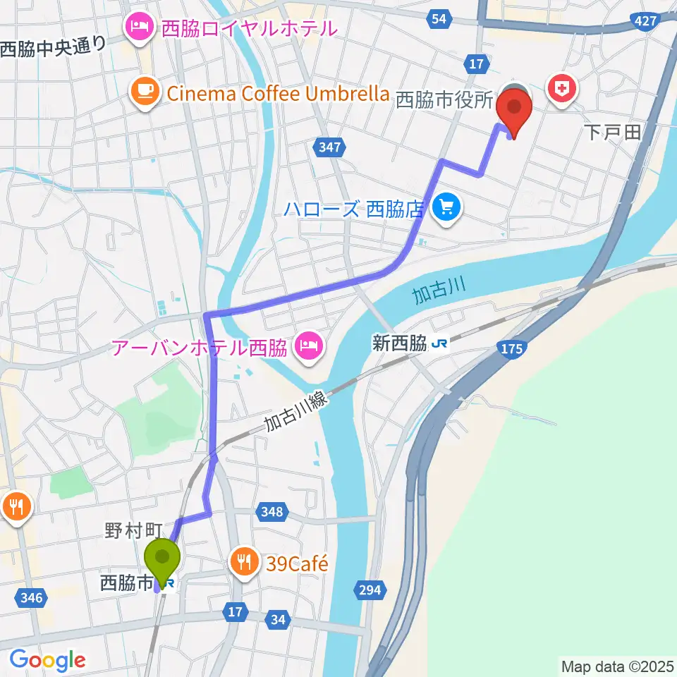 西脇市駅から西脇市市民交流施設オリナスへのルートマップ地図