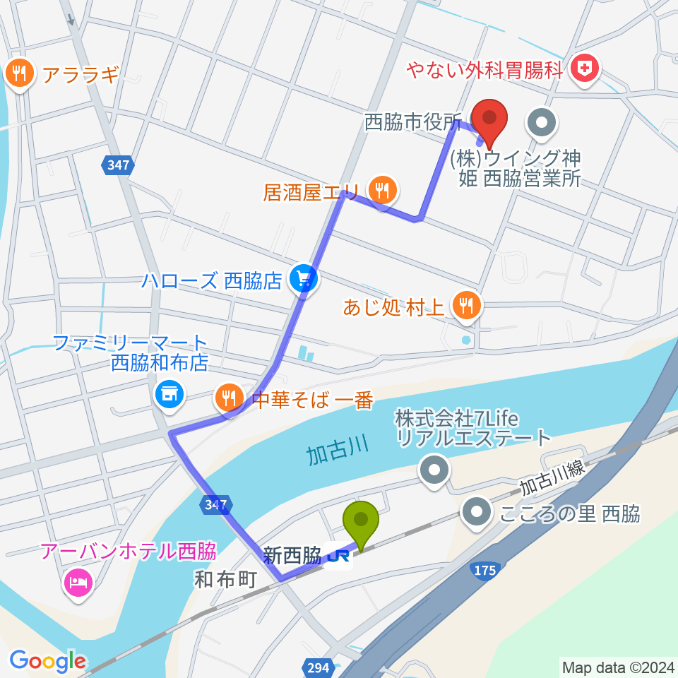 西脇市市民交流施設オリナスの最寄駅新西脇駅からの徒歩ルート（約10分）地図