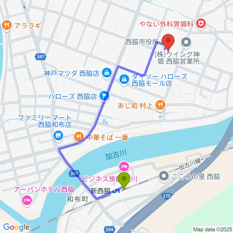 西脇市市民交流施設オリナスの最寄駅新西脇駅からの徒歩ルート（約10分）地図