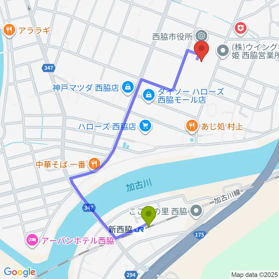 西脇市市民交流施設オリナスの最寄駅新西脇駅からの徒歩ルート（約10分）地図