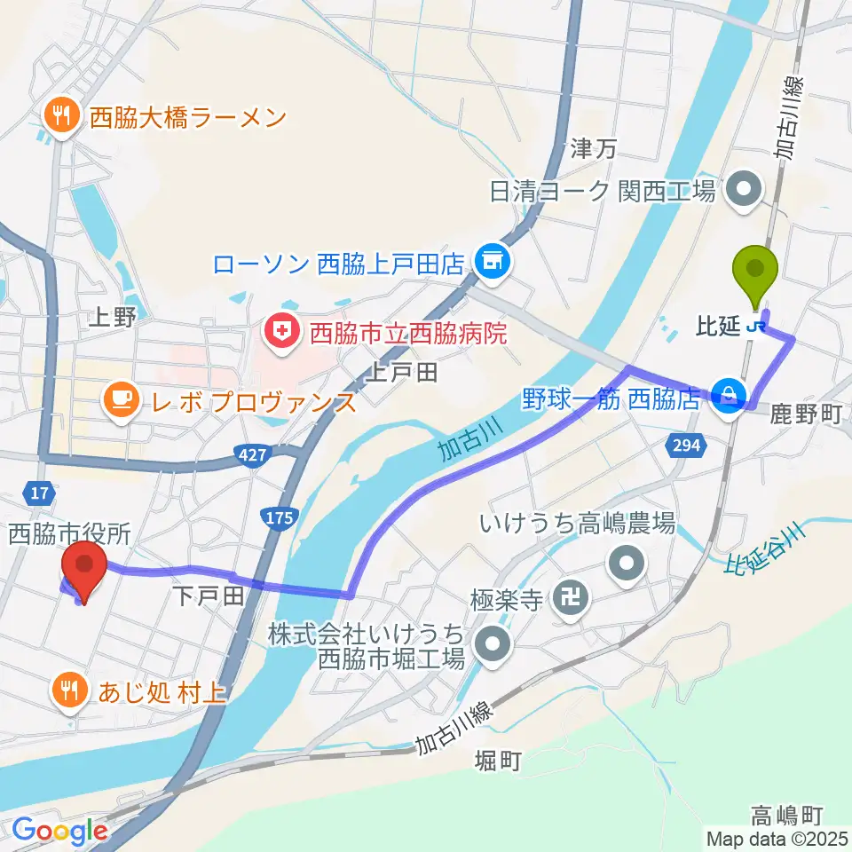 比延駅から西脇市市民交流施設オリナスへのルートマップ地図