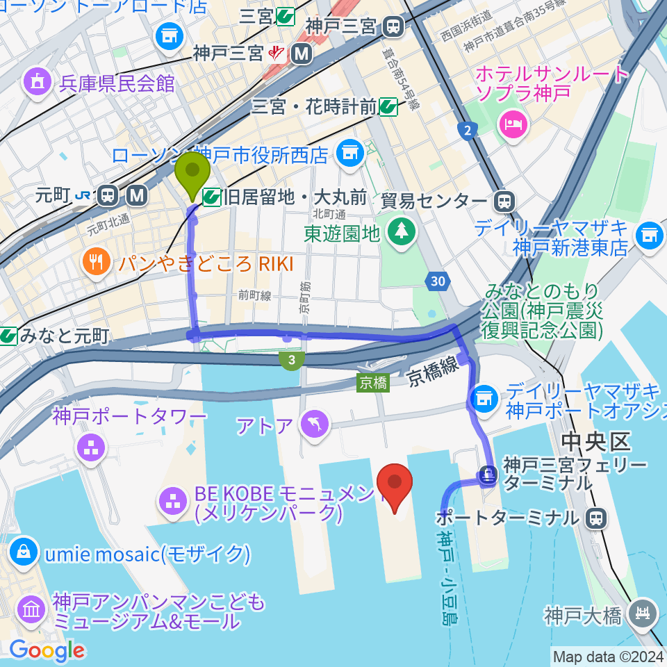 旧居留地・大丸前駅からジーライオンアリーナ神戸へのルートマップ地図