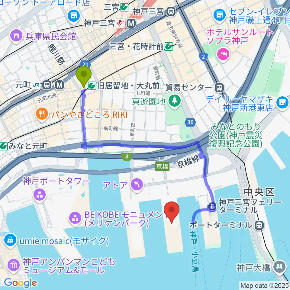 旧居留地・大丸前駅からジーライオンアリーナ神戸へのルートマップ地図