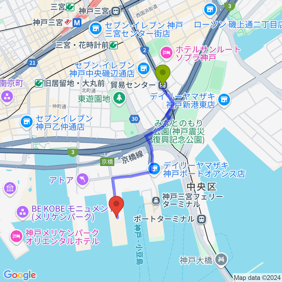 貿易センター駅からジーライオンアリーナ神戸へのルートマップ地図