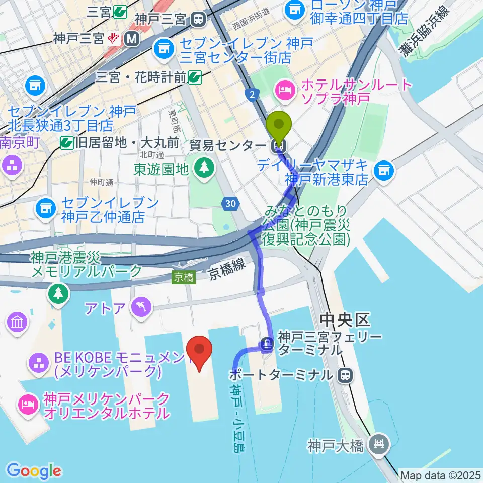 貿易センター駅からジーライオンアリーナ神戸へのルートマップ地図