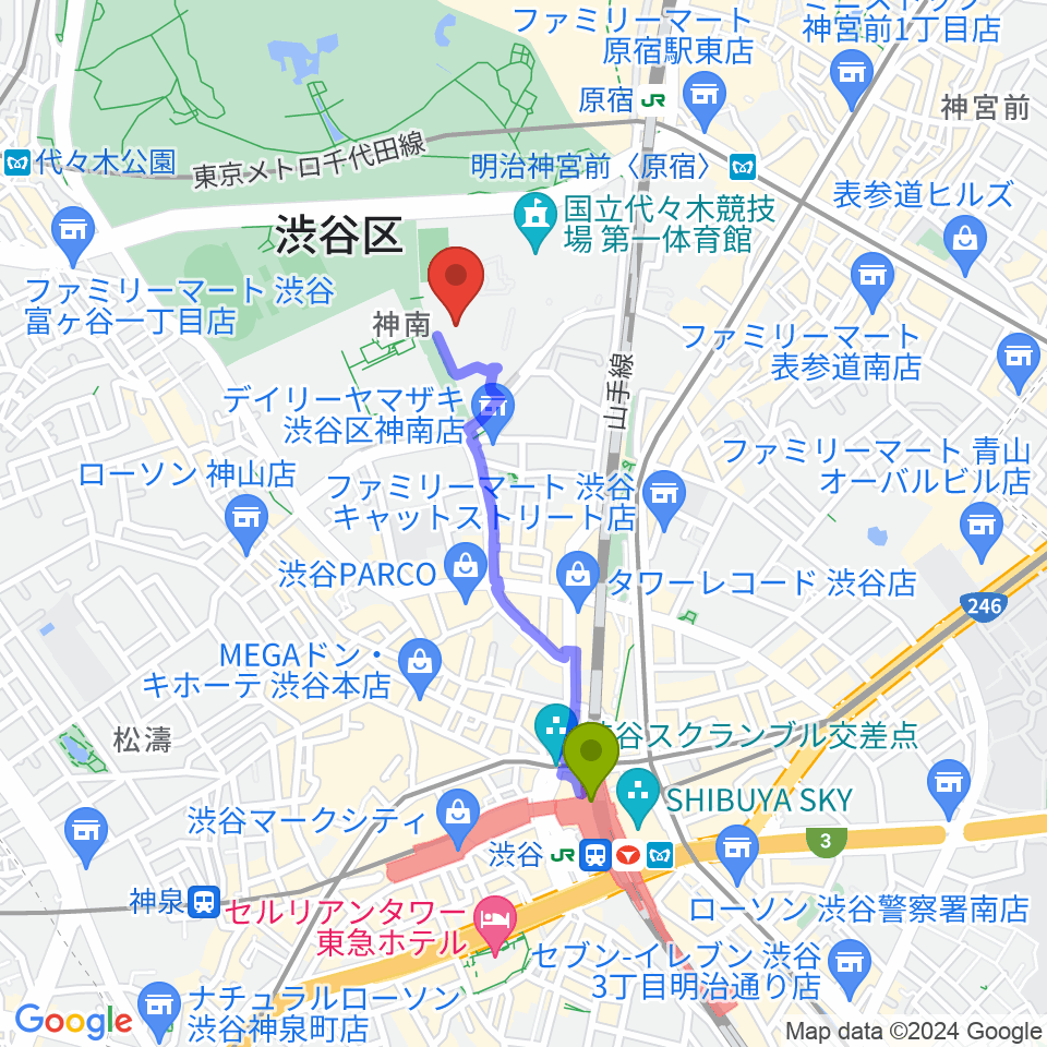 渋谷駅から代々木第二体育館へのルートマップ地図