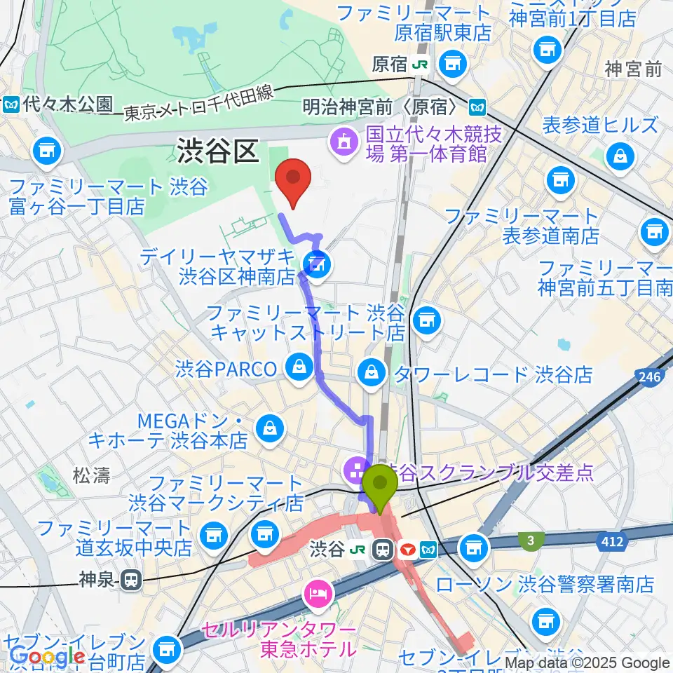 渋谷駅から代々木第二体育館へのルートマップ地図