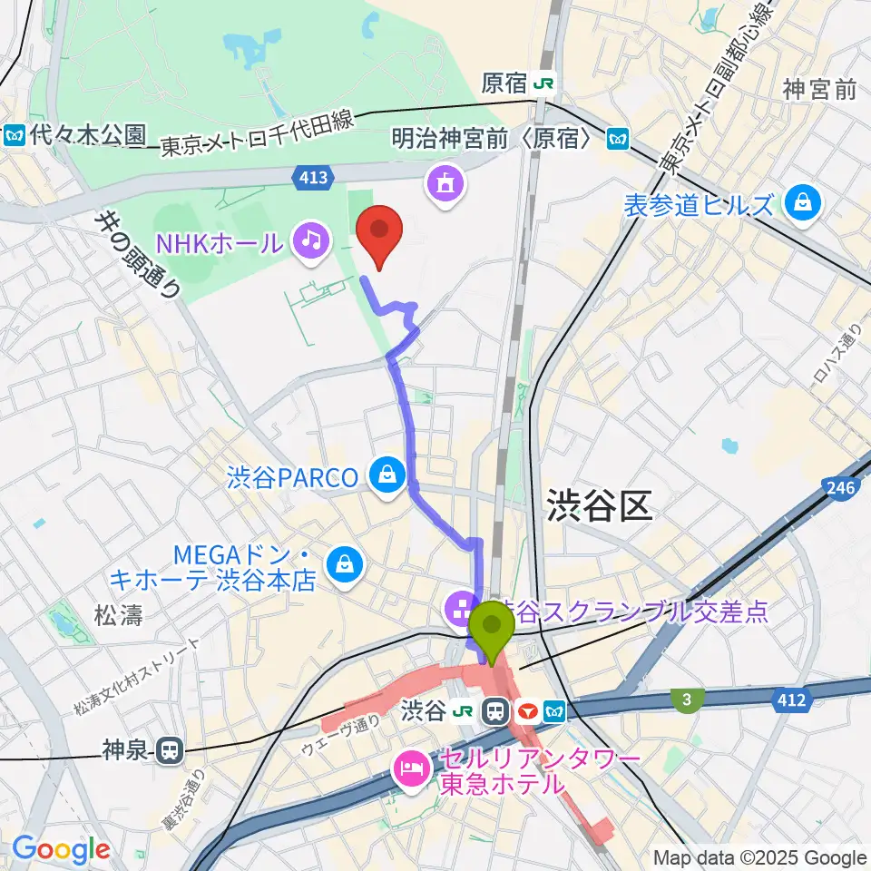 渋谷駅から代々木第二体育館へのルートマップ地図