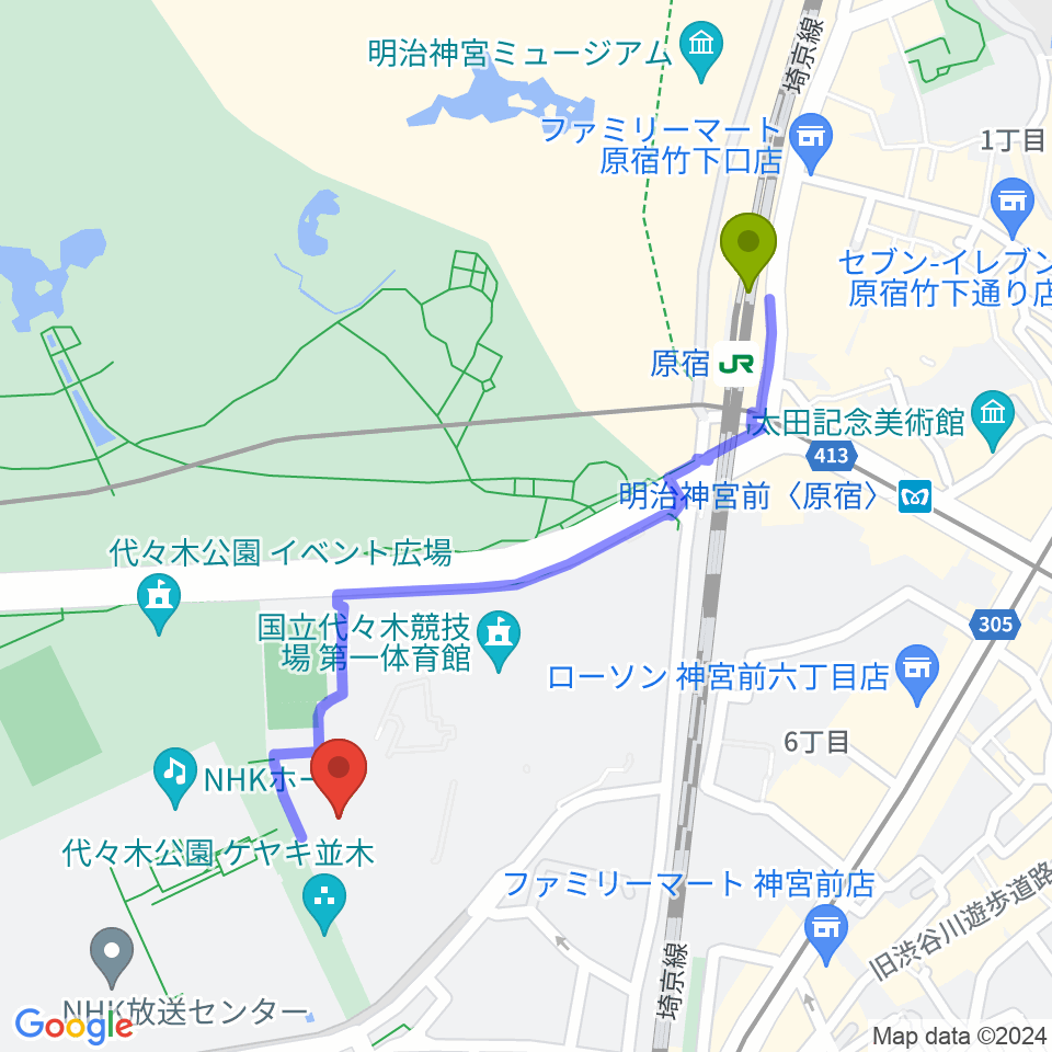 代々木第二体育館の最寄駅原宿駅からの徒歩ルート（約10分）地図