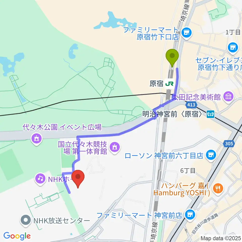 代々木第二体育館の最寄駅原宿駅からの徒歩ルート（約10分）地図