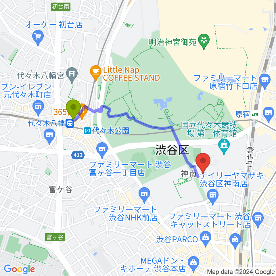 代々木八幡駅から代々木第二体育館へのルートマップ地図