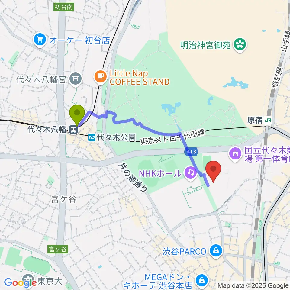 代々木八幡駅から代々木第二体育館へのルートマップ地図