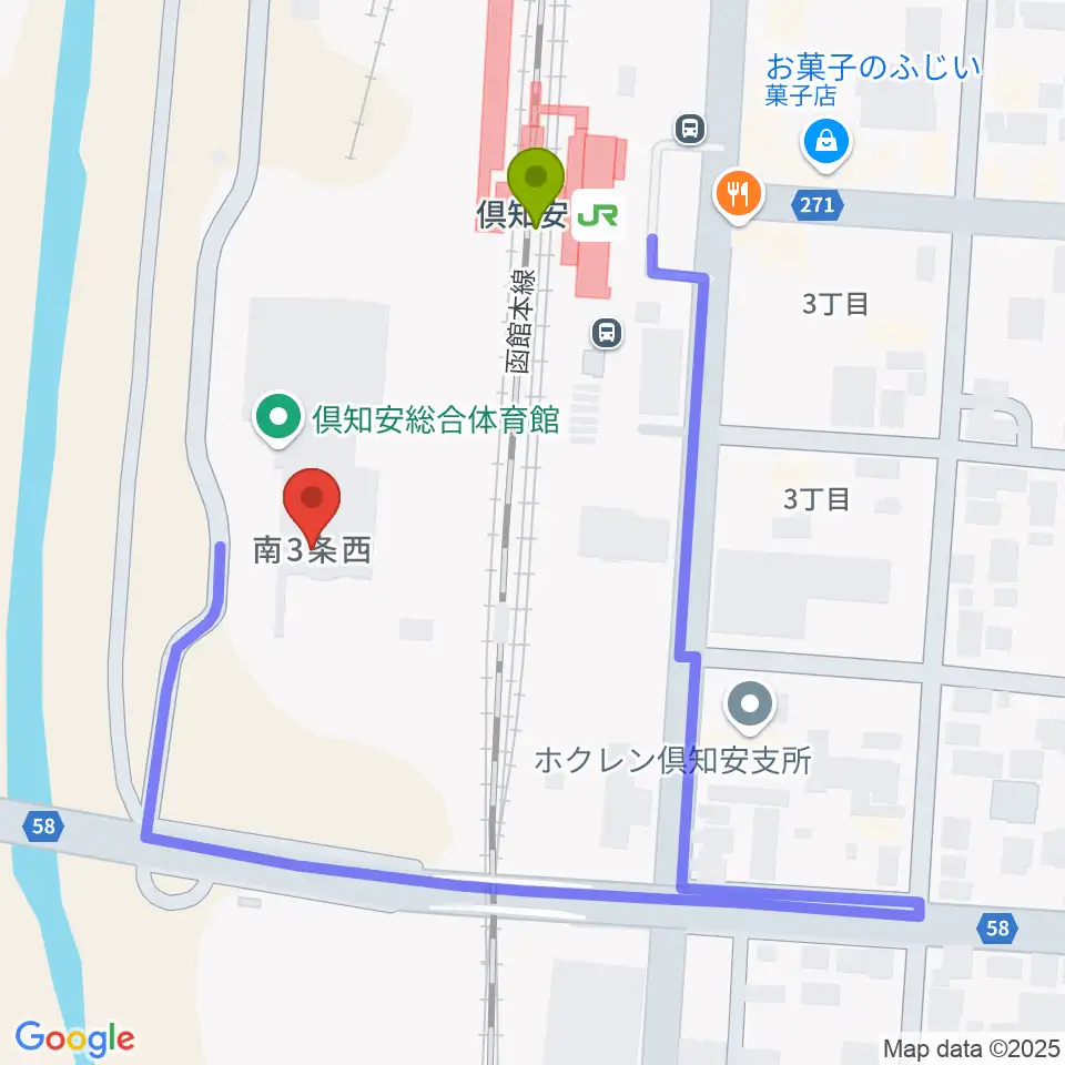 倶知安総合体育館の最寄駅倶知安駅からの徒歩ルート（約3分）地図