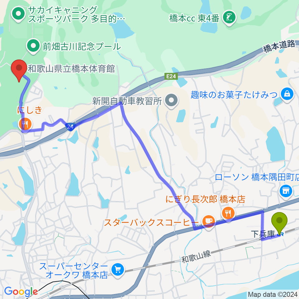 下兵庫駅から和歌山県立橋本体育館へのルートマップ地図