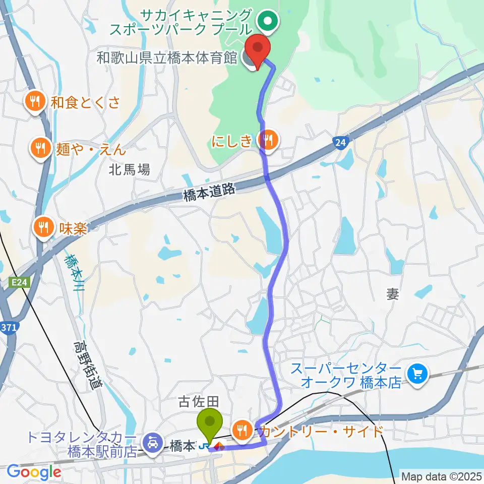 和歌山県立橋本体育館の最寄駅橋本駅からの徒歩ルート（約24分）地図
