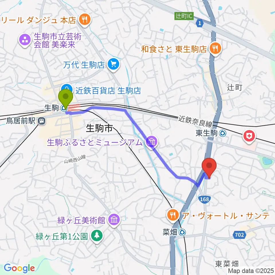 生駒駅からZICO STUDIOへのルートマップ地図