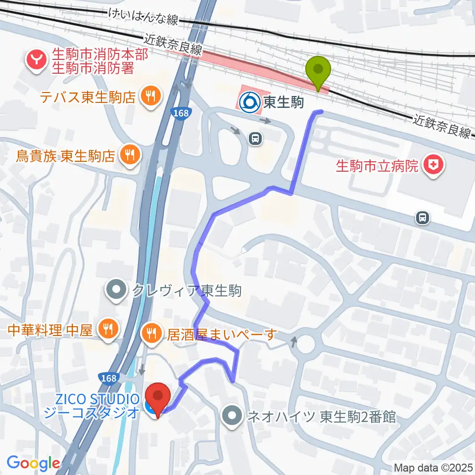 ZICO STUDIOの最寄駅東生駒駅からの徒歩ルート（約6分）地図