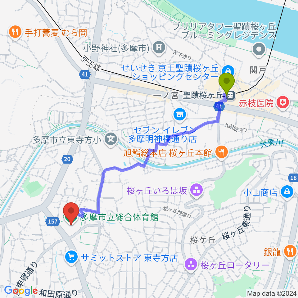 多摩市立総合体育館の最寄駅聖蹟桜ヶ丘駅からの徒歩ルート（約21分）地図