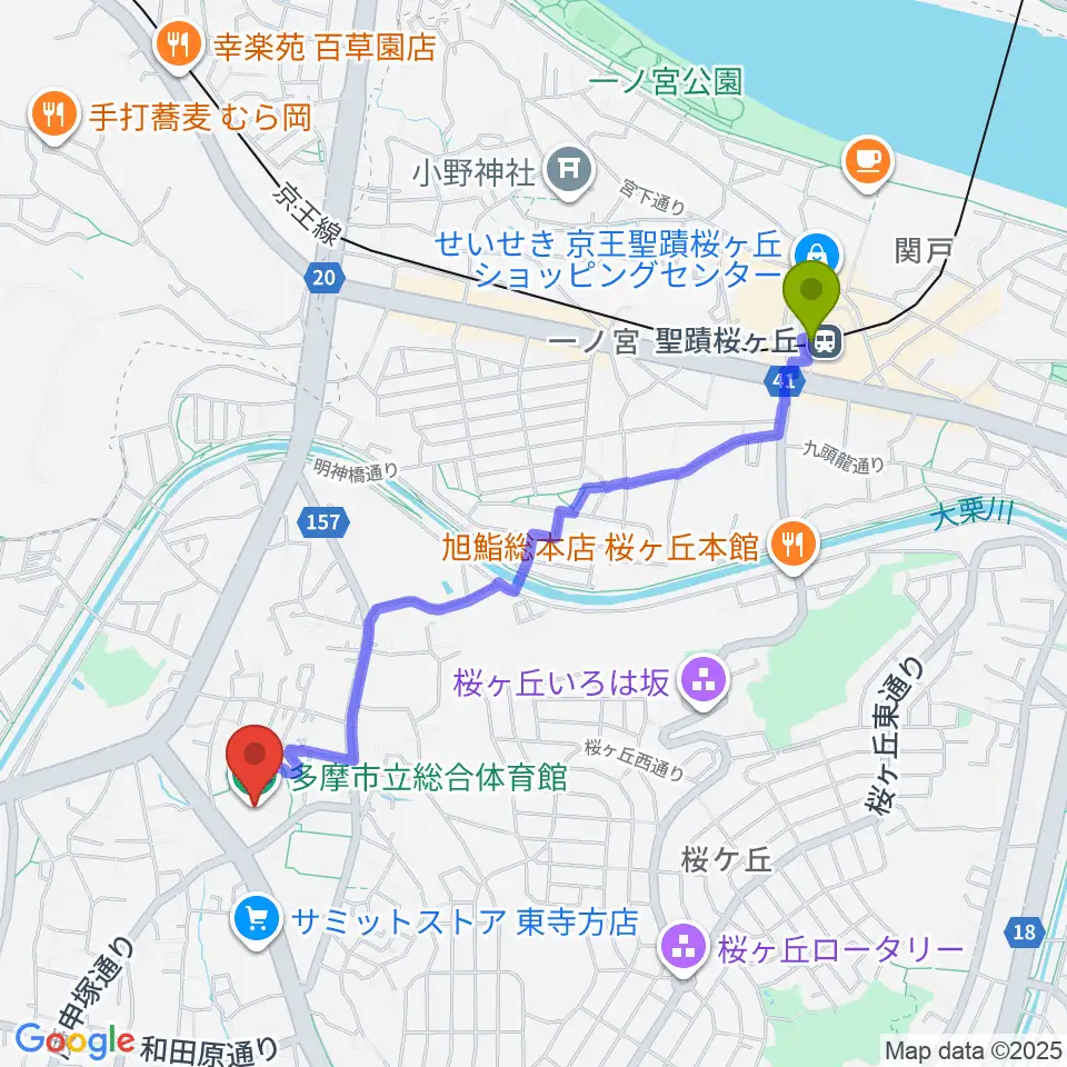 多摩市立総合体育館の最寄駅聖蹟桜ヶ丘駅からの徒歩ルート（約21分）地図