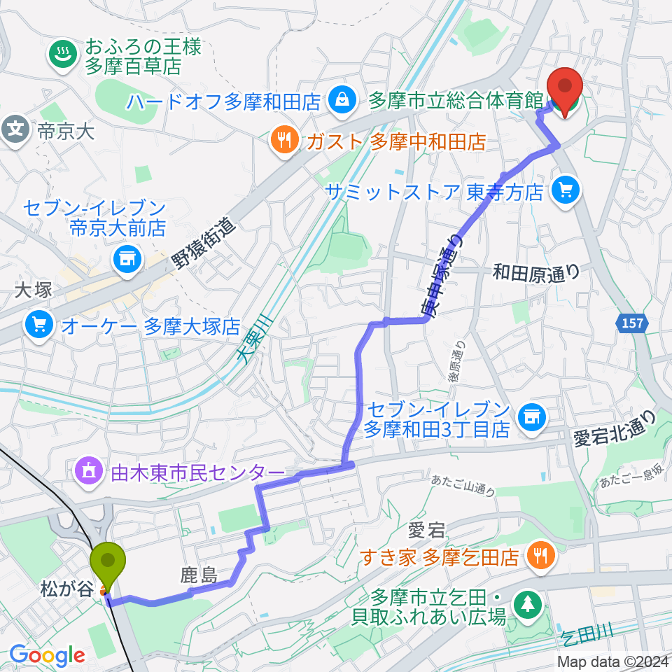 松が谷駅から多摩市立総合体育館へのルートマップ地図