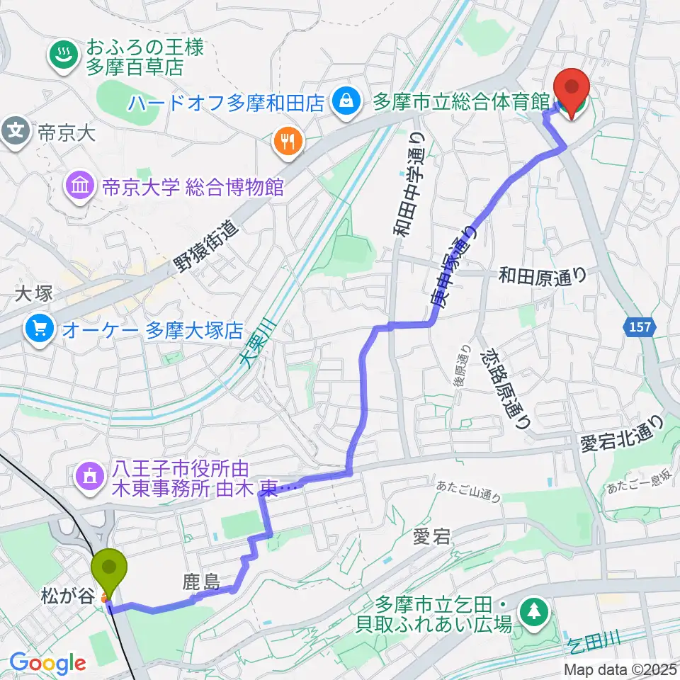 松が谷駅から多摩市立総合体育館へのルートマップ地図