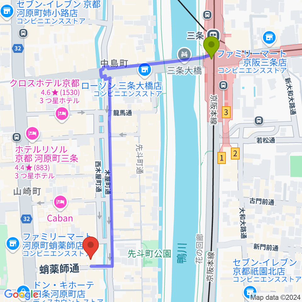 三条駅から音楽天国・京都河原町店へのルートマップ地図