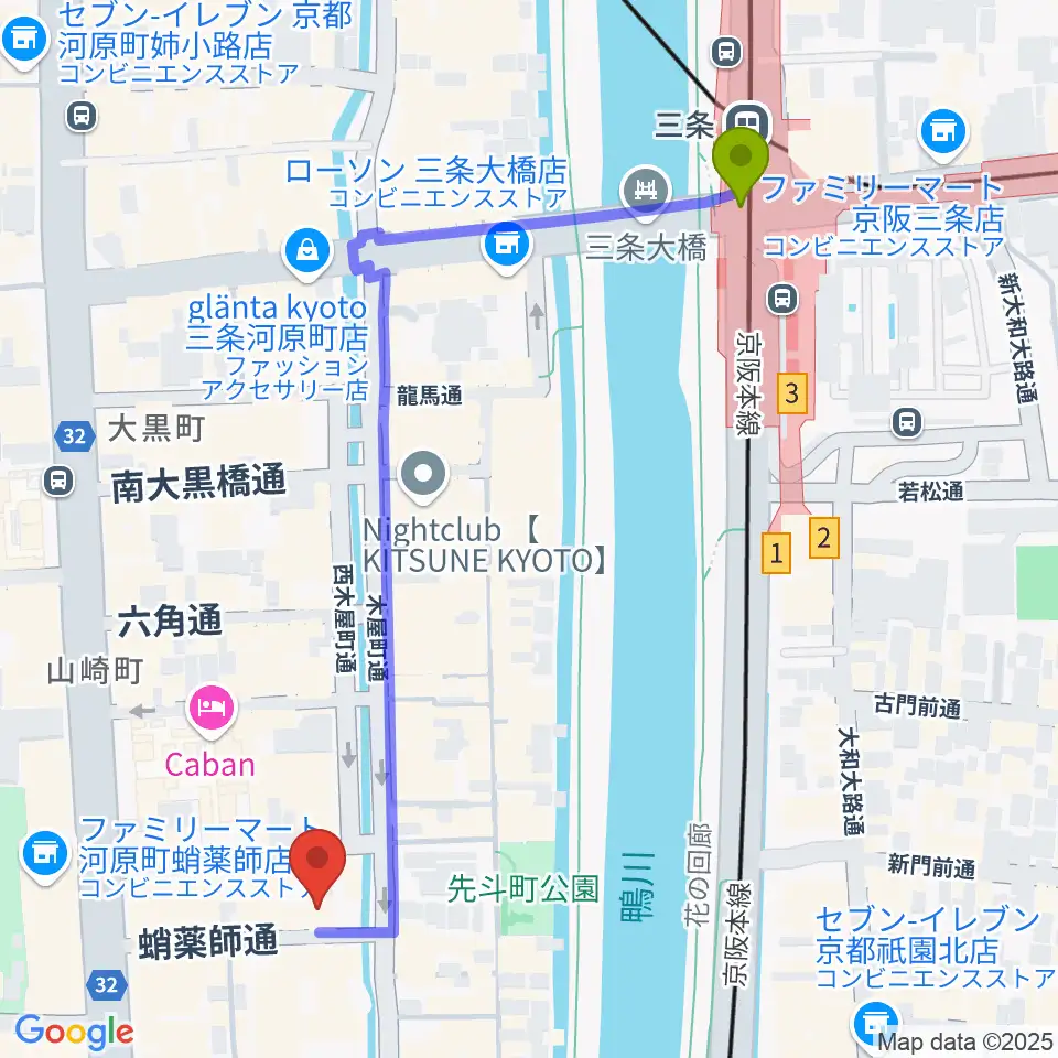 三条駅から音楽天国・京都河原町店へのルートマップ地図