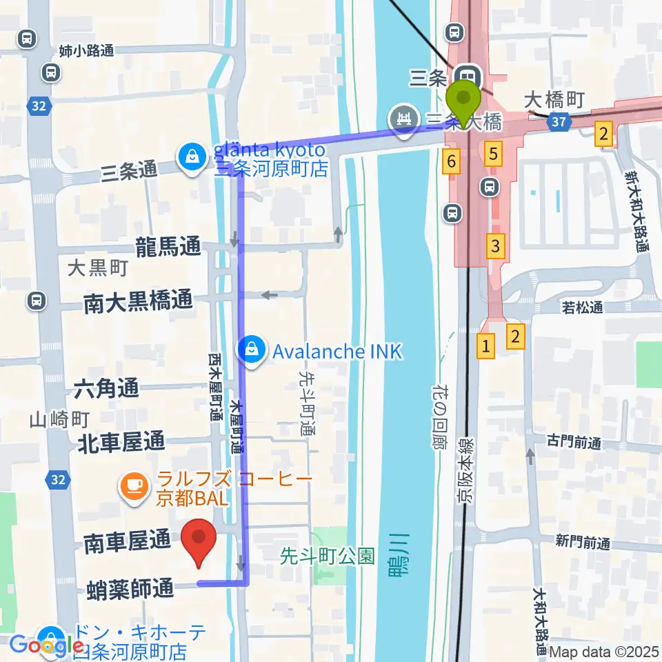 三条駅から音楽天国・京都河原町店へのルートマップ地図