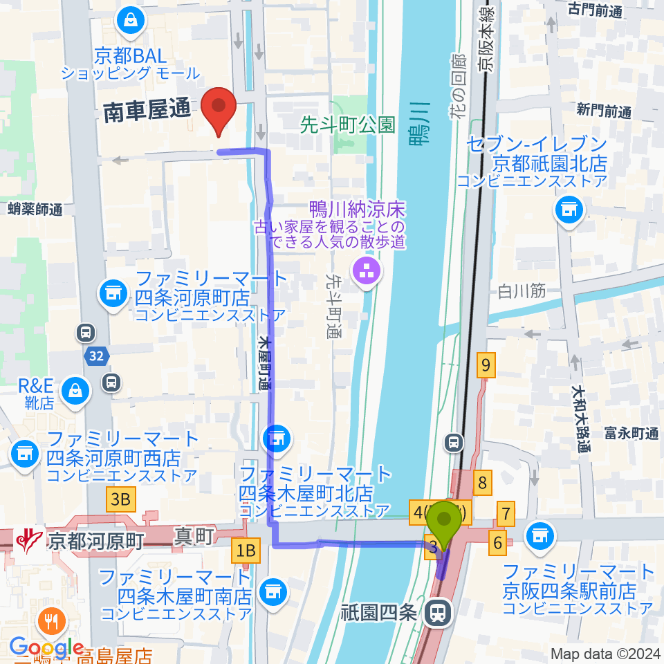 音楽天国・京都河原町店の最寄駅祇園四条駅からの徒歩ルート（約6分）地図