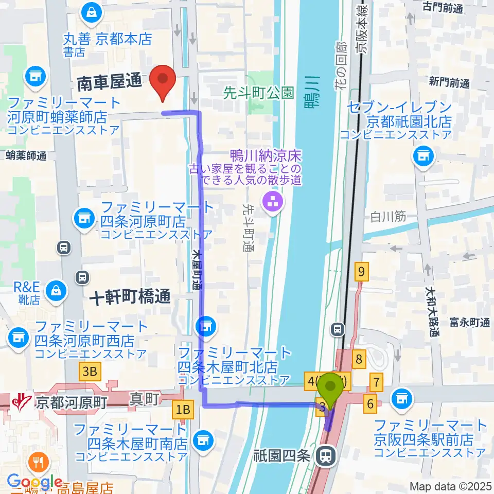 音楽天国・京都河原町店の最寄駅祇園四条駅からの徒歩ルート（約6分）地図