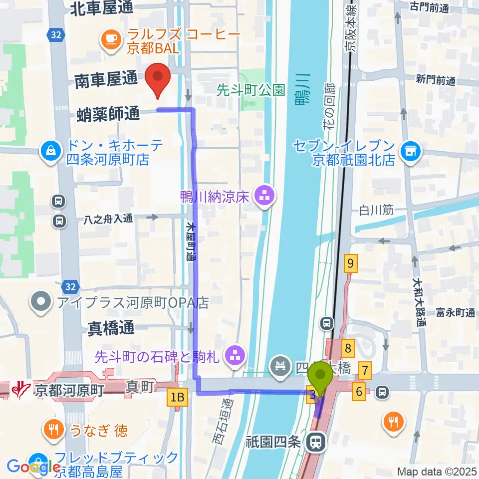 音楽天国・京都河原町店の最寄駅祇園四条駅からの徒歩ルート（約6分）地図