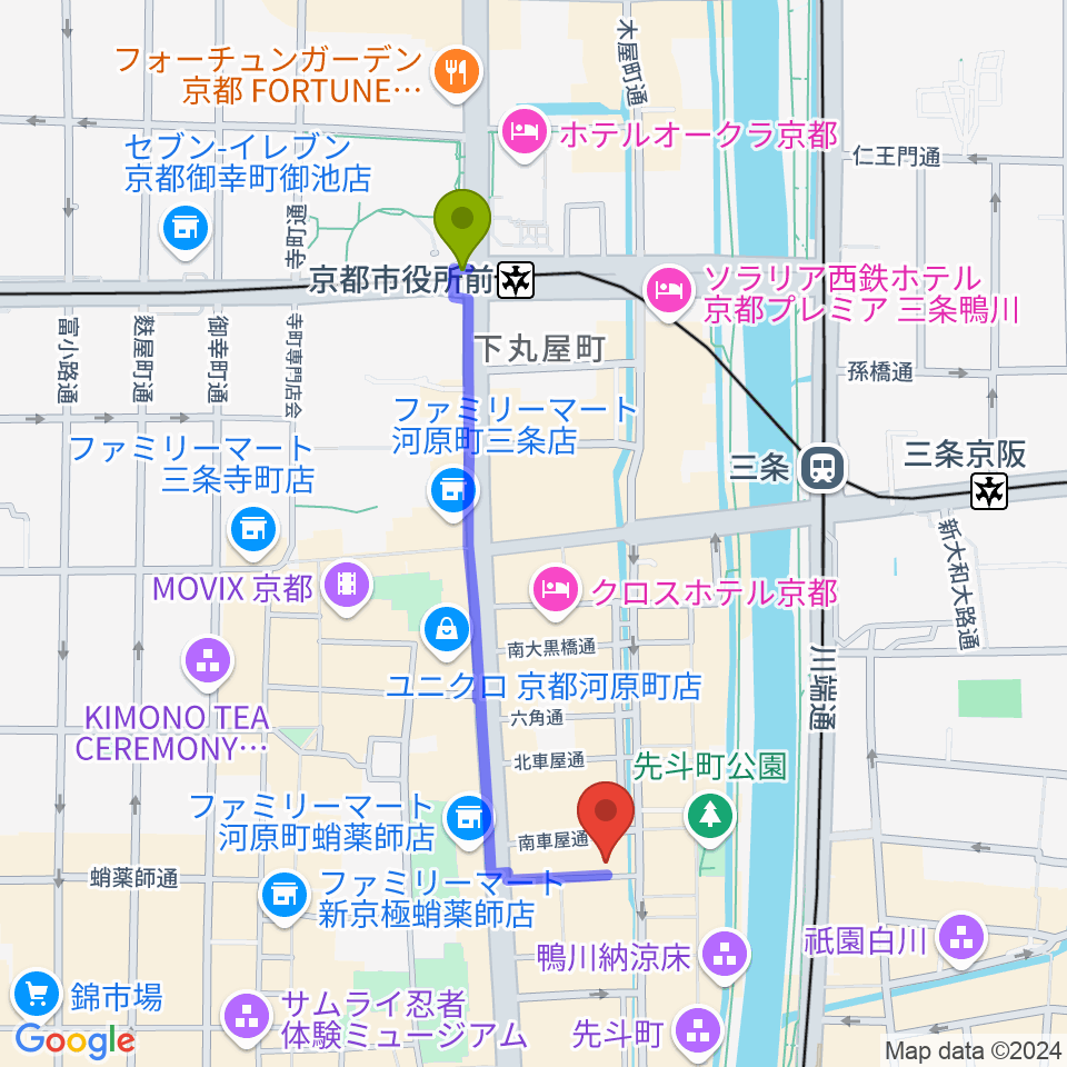 京都市役所前駅から音楽天国・京都河原町店へのルートマップ地図