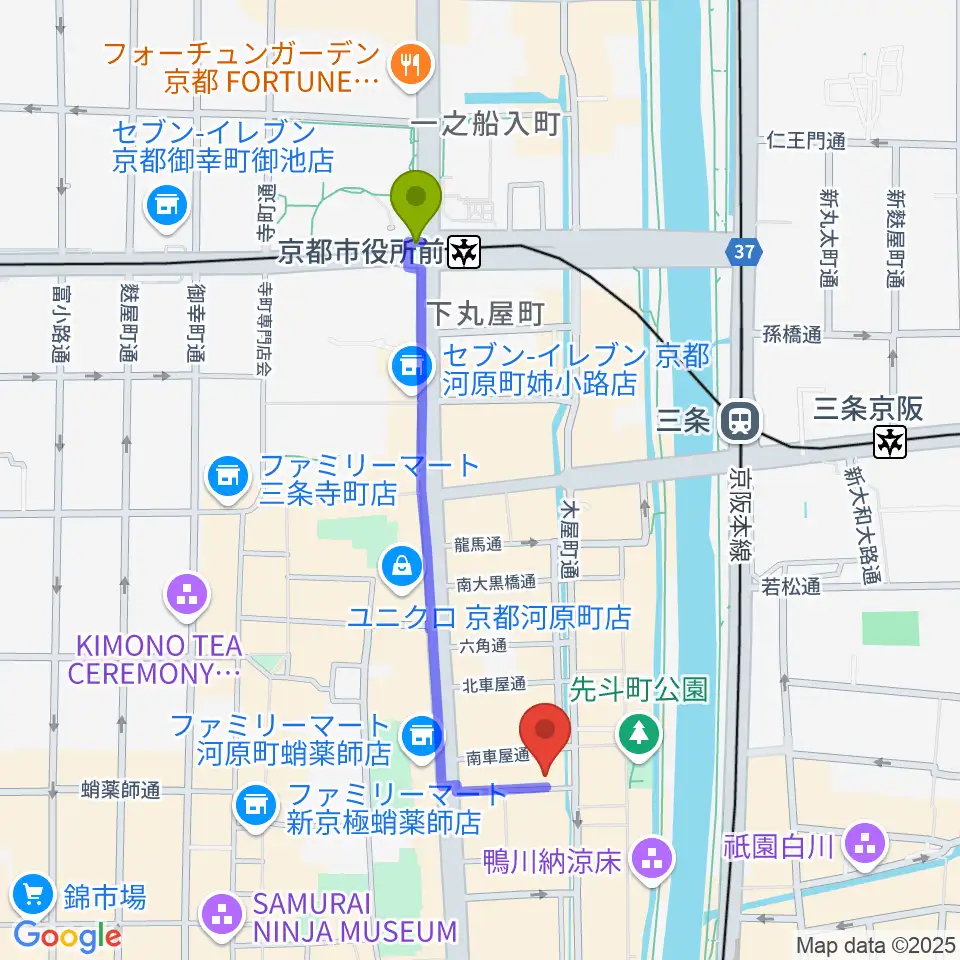 京都市役所前駅から音楽天国・京都河原町店へのルートマップ地図