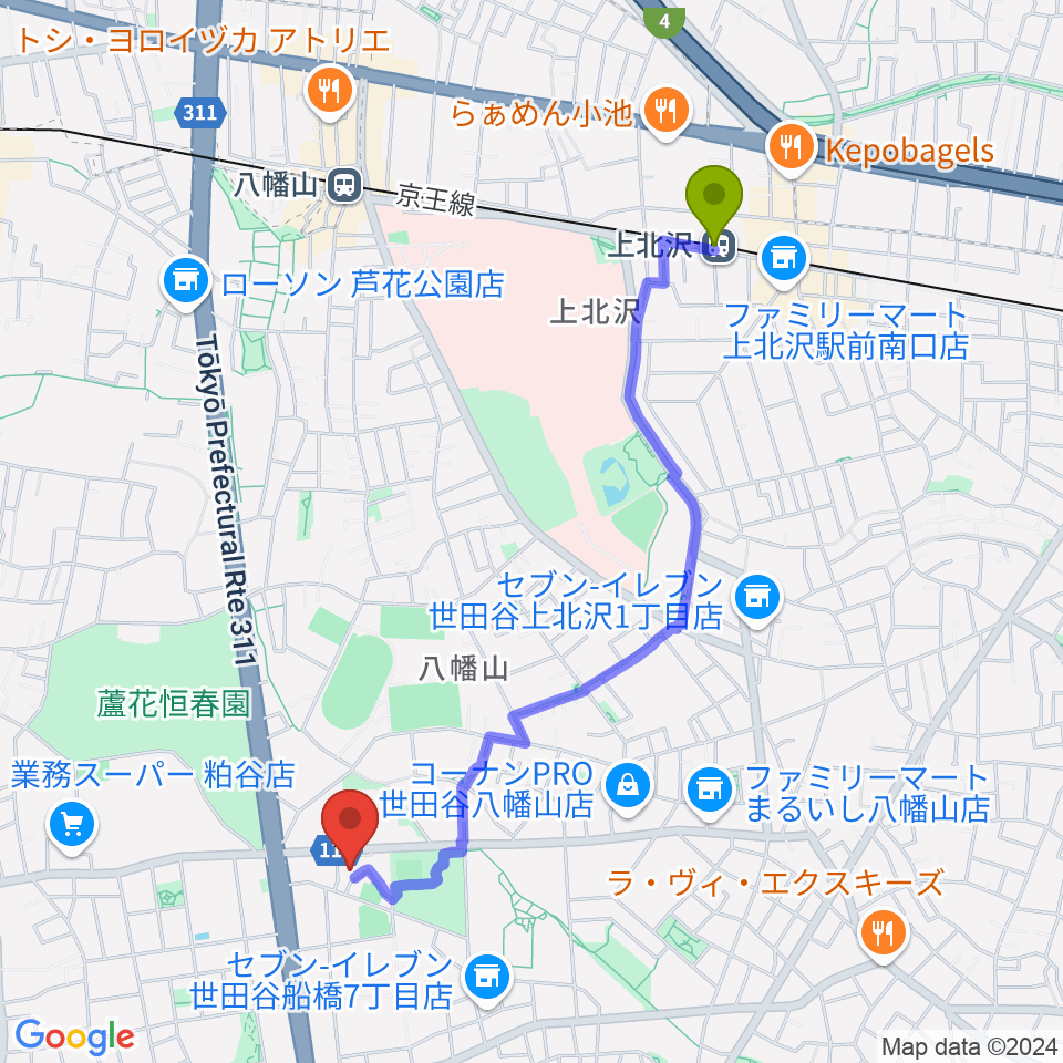 上北沢駅から千歳温水プールへのルートマップ地図