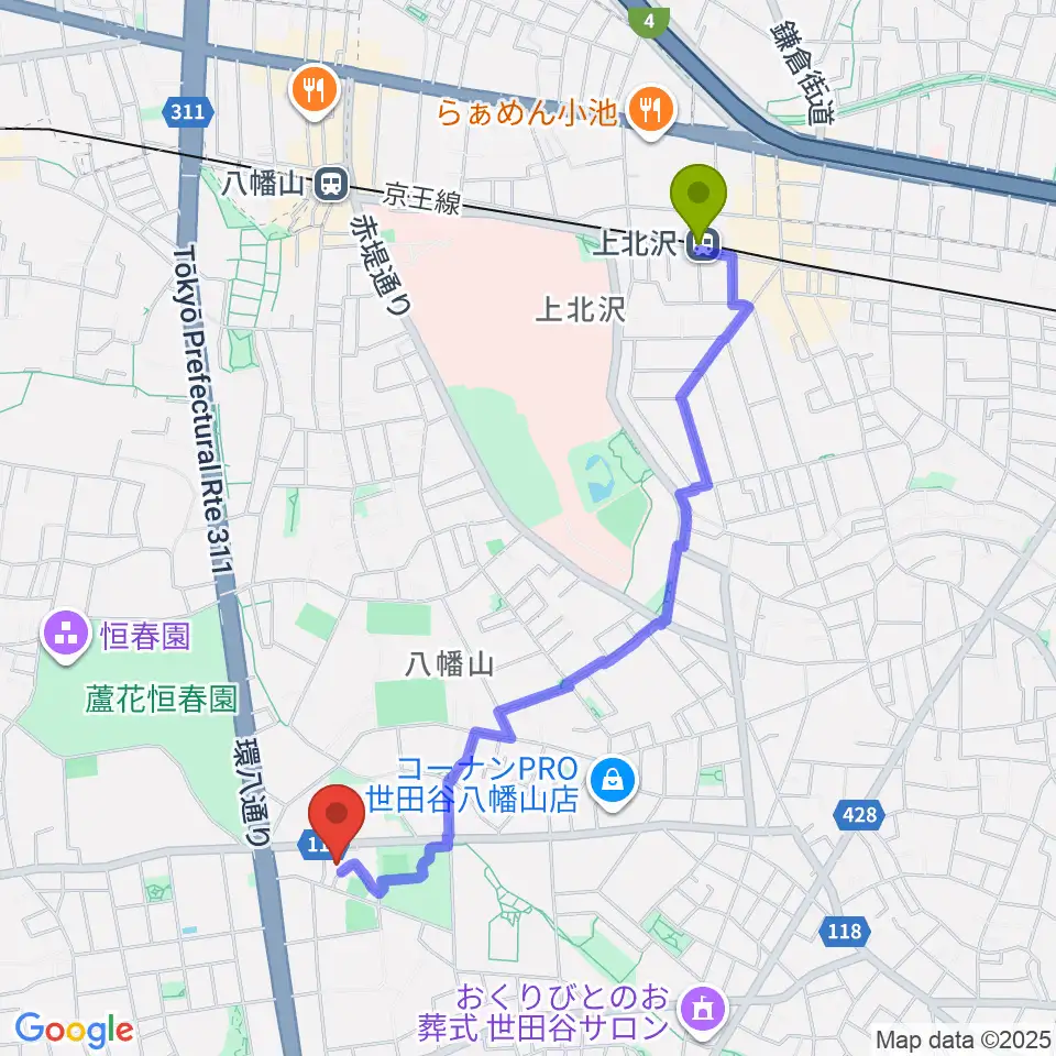 上北沢駅から千歳温水プールへのルートマップ地図