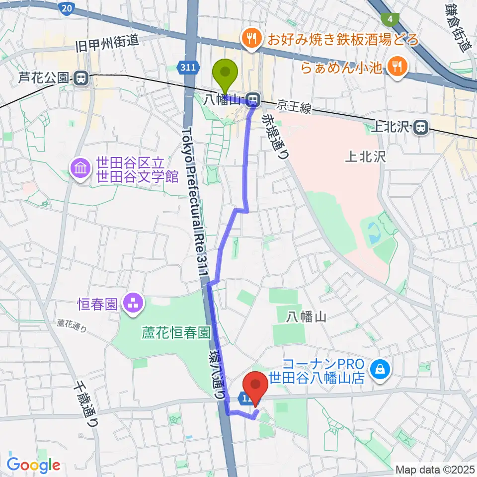 千歳温水プールの最寄駅八幡山駅からの徒歩ルート（約20分）地図