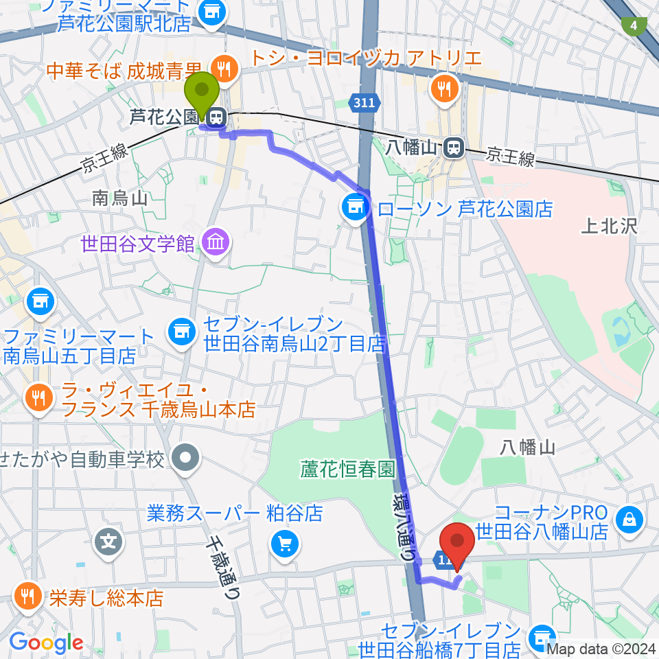 芦花公園駅から千歳温水プールへのルートマップ地図