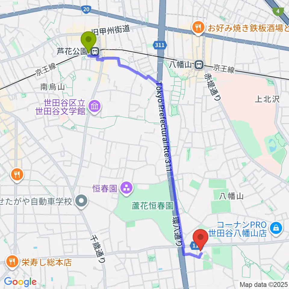 芦花公園駅から千歳温水プールへのルートマップ地図