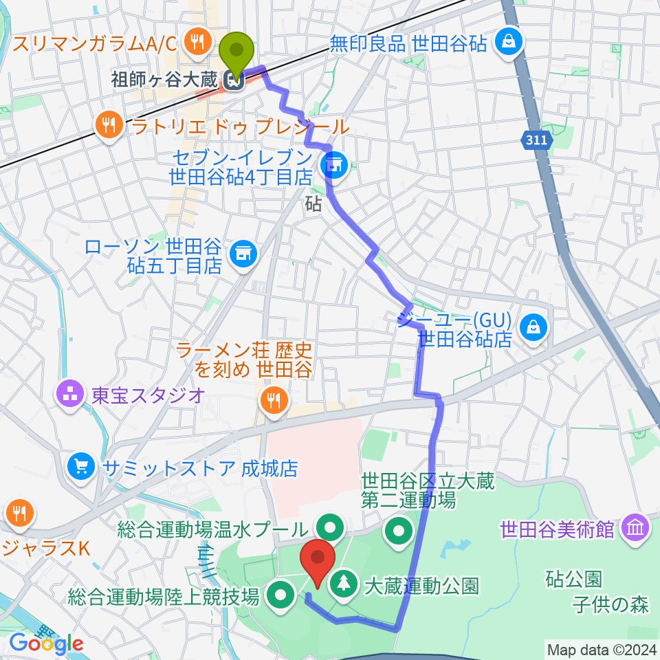 世田谷区立総合運動場体育館の最寄駅祖師ヶ谷大蔵駅からの徒歩ルート（約24分）地図