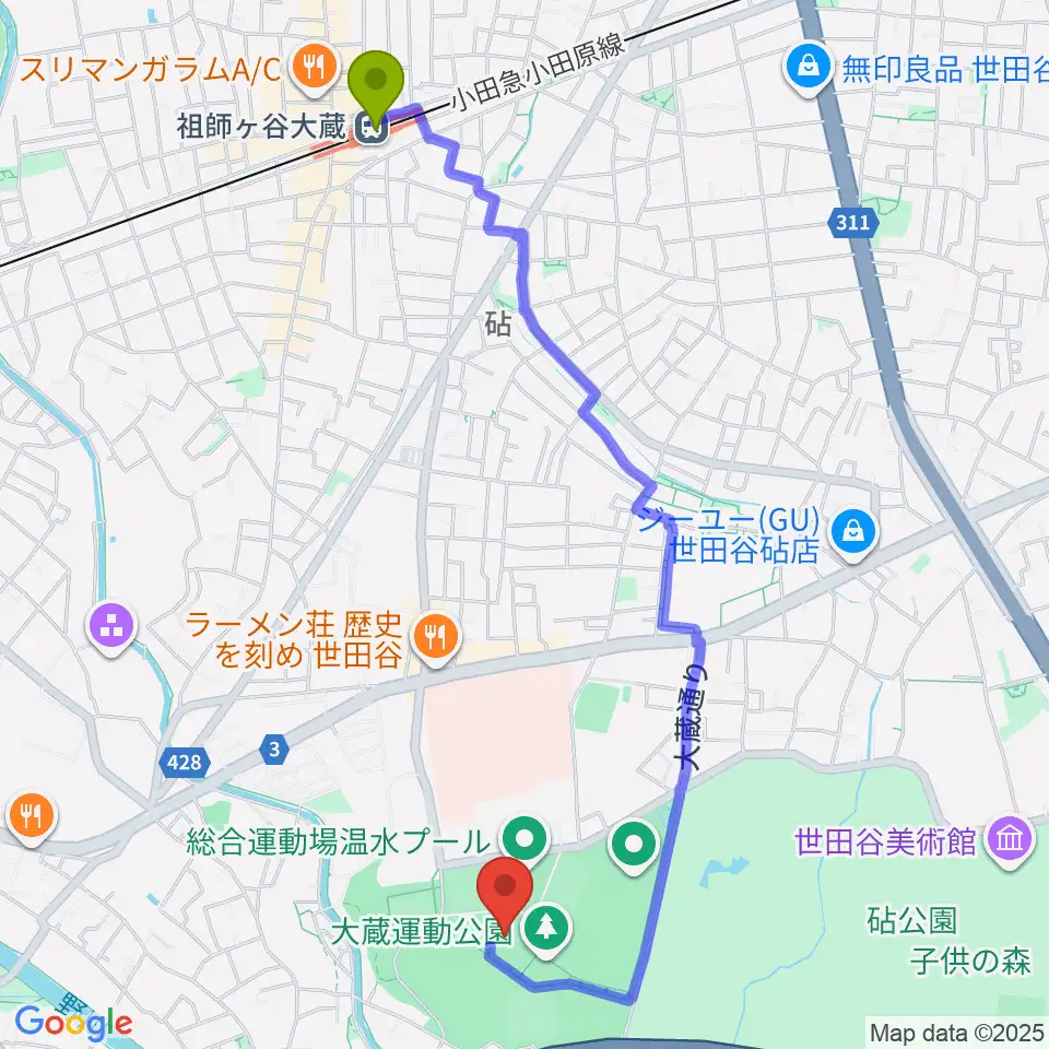 世田谷区立総合運動場体育館の最寄駅祖師ヶ谷大蔵駅からの徒歩ルート（約24分）地図