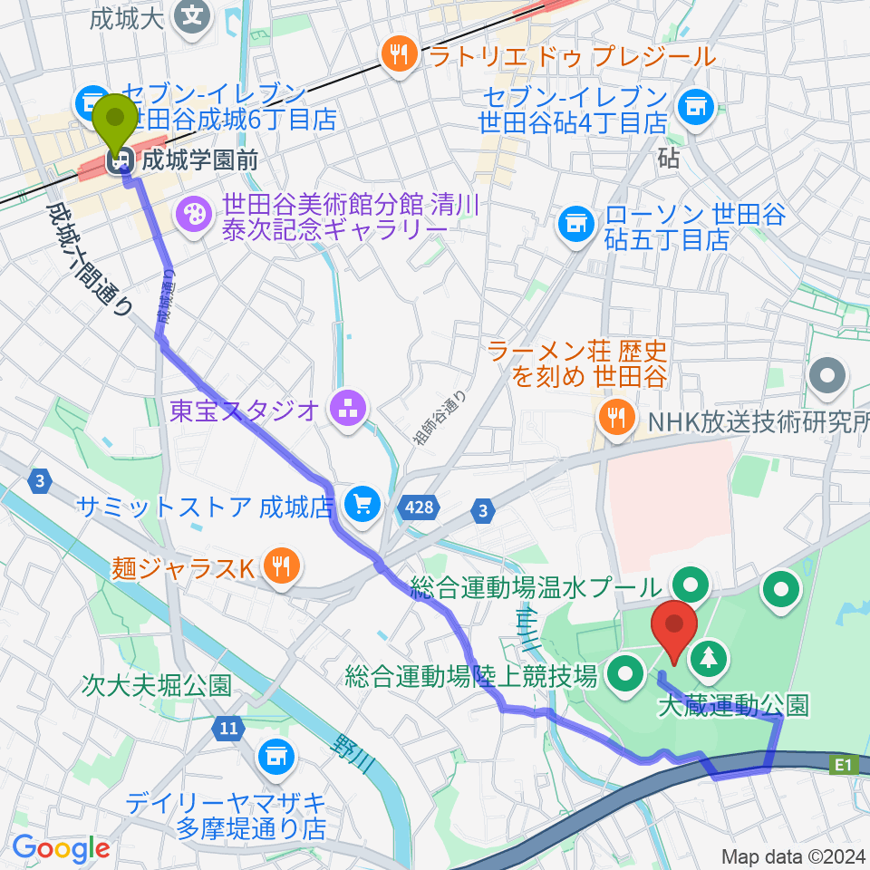 成城学園前駅から世田谷区立総合運動場体育館へのルートマップ地図