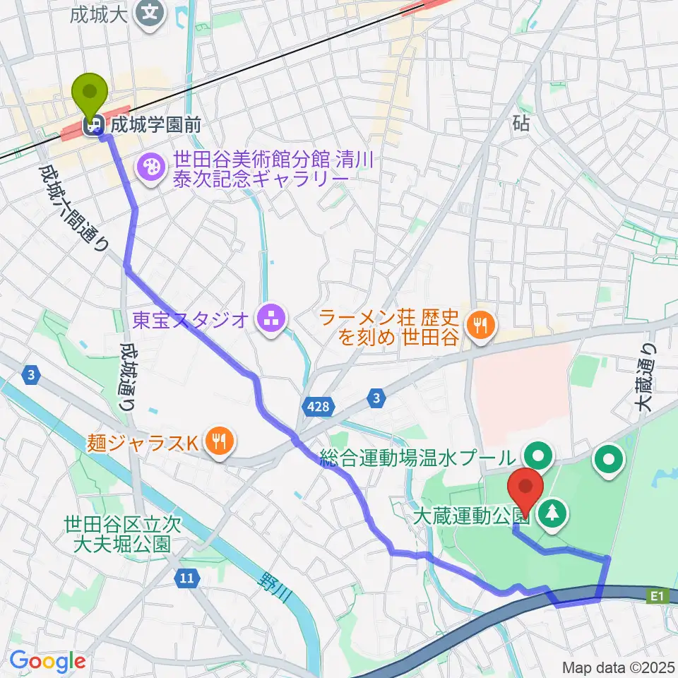 成城学園前駅から世田谷区立総合運動場体育館へのルートマップ地図