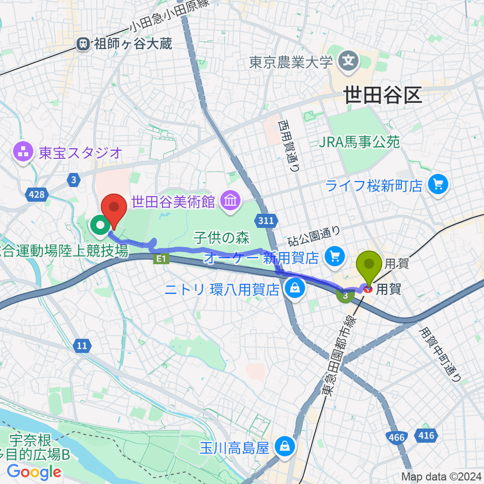 用賀駅から世田谷区立総合運動場体育館へのルートマップ地図