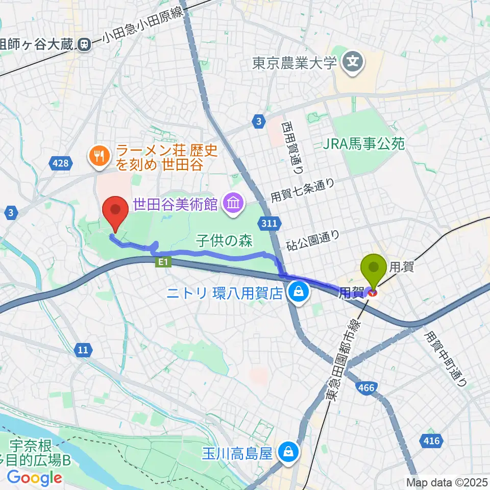 用賀駅から世田谷区立総合運動場体育館へのルートマップ地図