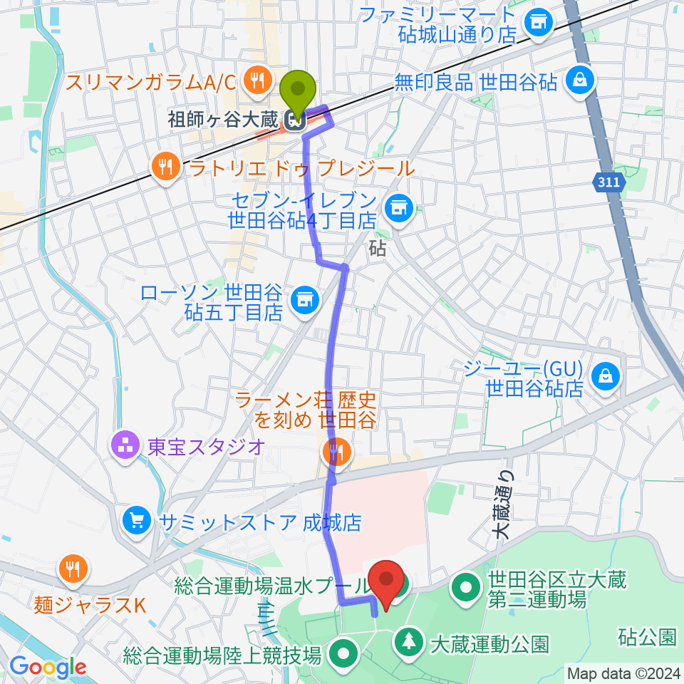 世田谷区立総合運動場温水プールの最寄駅祖師ヶ谷大蔵駅からの徒歩ルート（約23分）地図