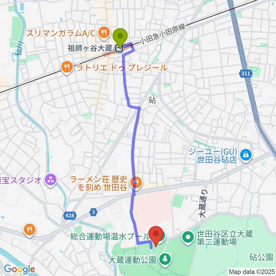 世田谷区立総合運動場温水プールの最寄駅祖師ヶ谷大蔵駅からの徒歩ルート（約23分）地図